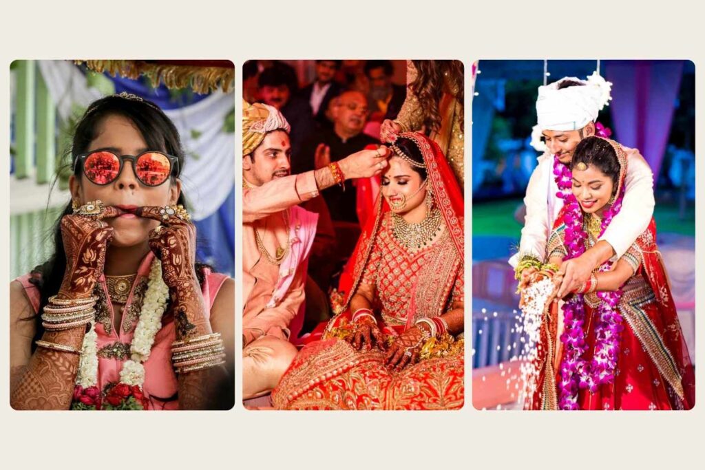 Three wedding photos show a playful bride, a ritual, and a couple wearing garlands