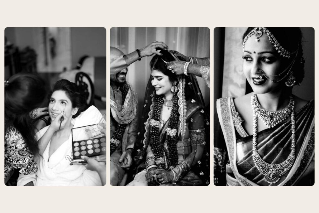 Three photos show bridal makeup, dupatta draping, and a finished bridal portrait