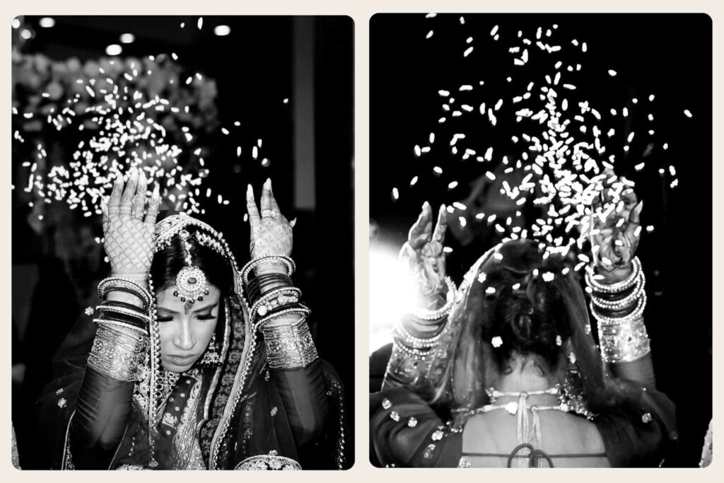 Two black and white photos show a bride tossing petals above her head