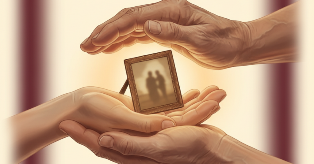 Why we do what we do? featured illustration showing a close-up editorial illustration of two pairs of hands — one older, one younger — ge...