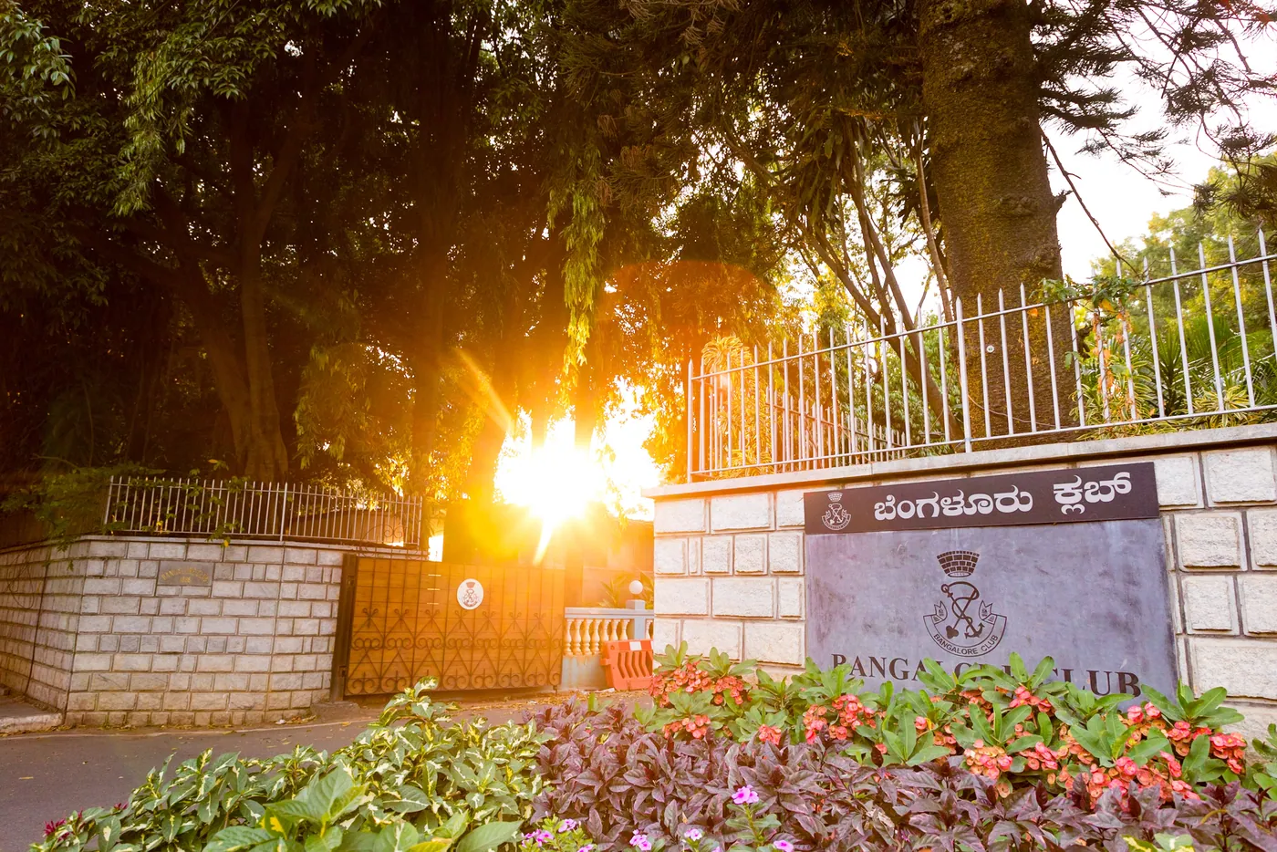 Low evening sun glows through trees behind the Bangalore Club gate and its Kannada signboard