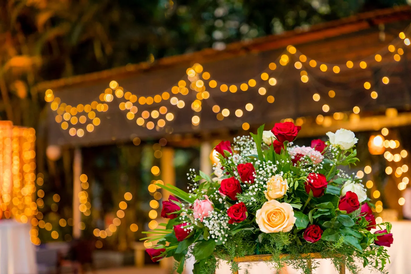 A bowl of red and cream roses sits in the foreground as strings of lights glow out of focus