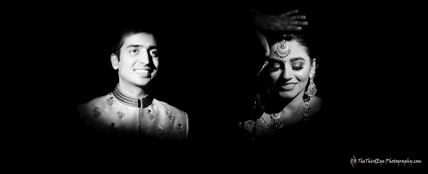 Two portraits side by side in darkness, the groom on the left and the made up bride on the right