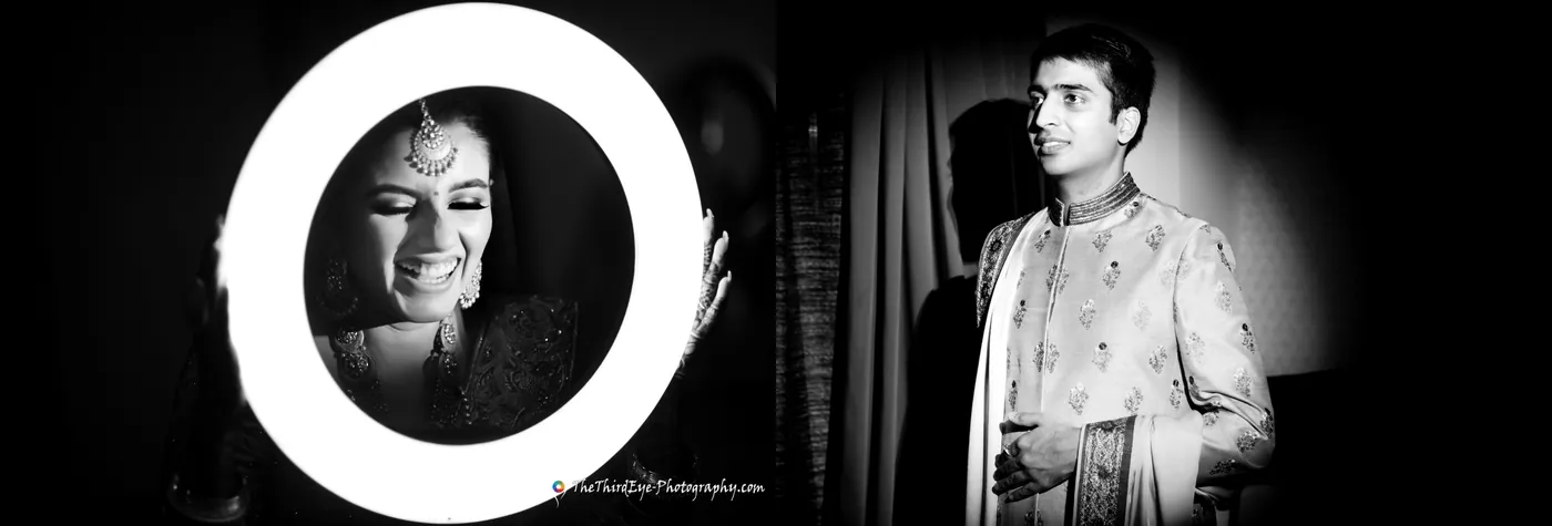 Two black and white frames: the bride inside a circular ring light and the groom standing tall beside it