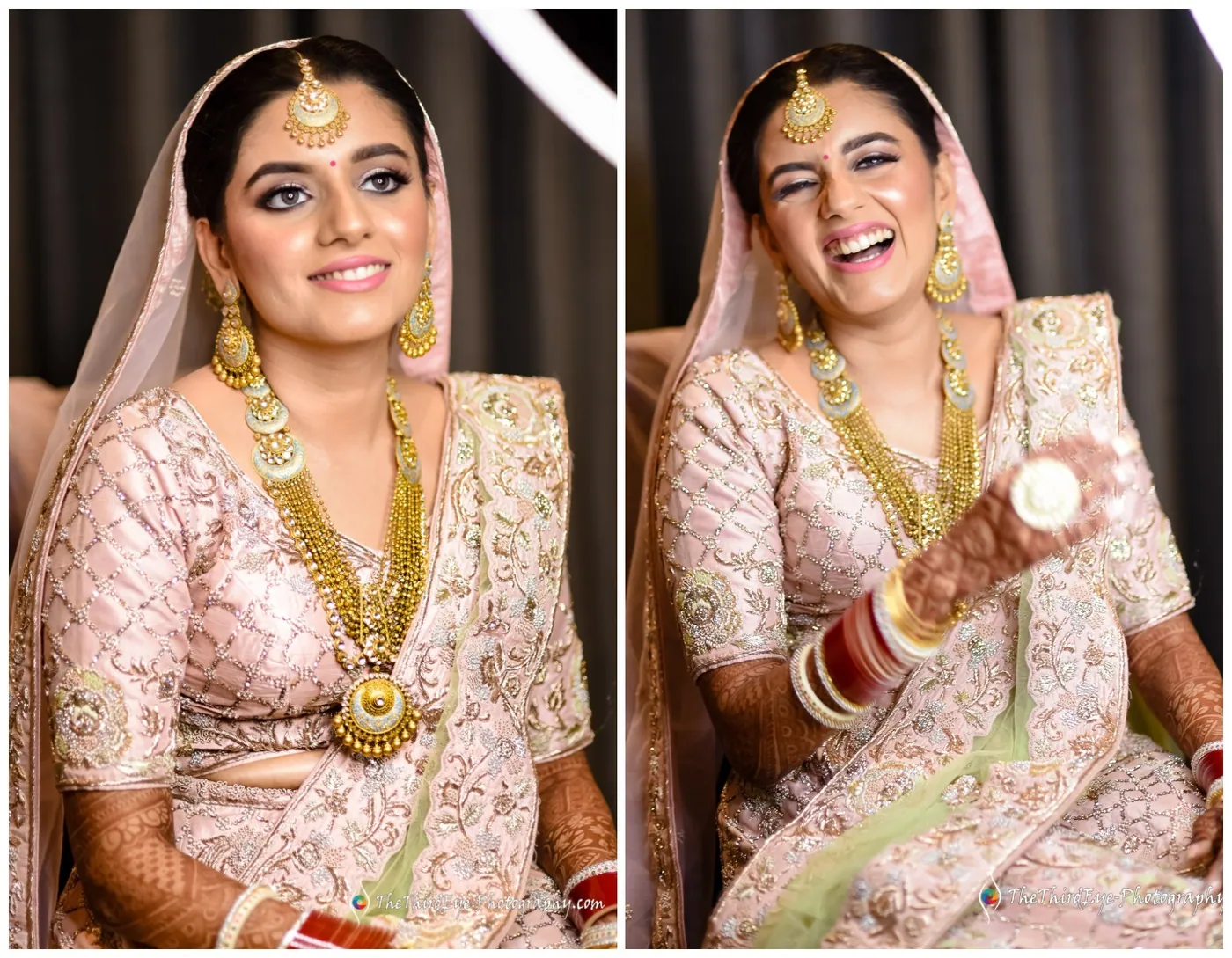 Two frames of the bride in her pink lehenga, one steady gazed and one laughing while holding a small light
