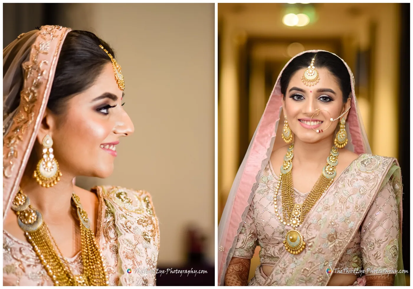 Two frames of the bride in profile and then facing the camera, smiling, in a hotel corridor