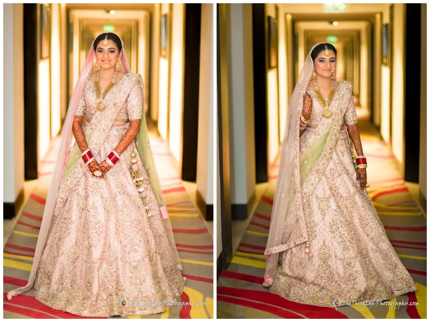 Two frames of the bride in her full pale lehenga walking down a corridor with a striped carpet