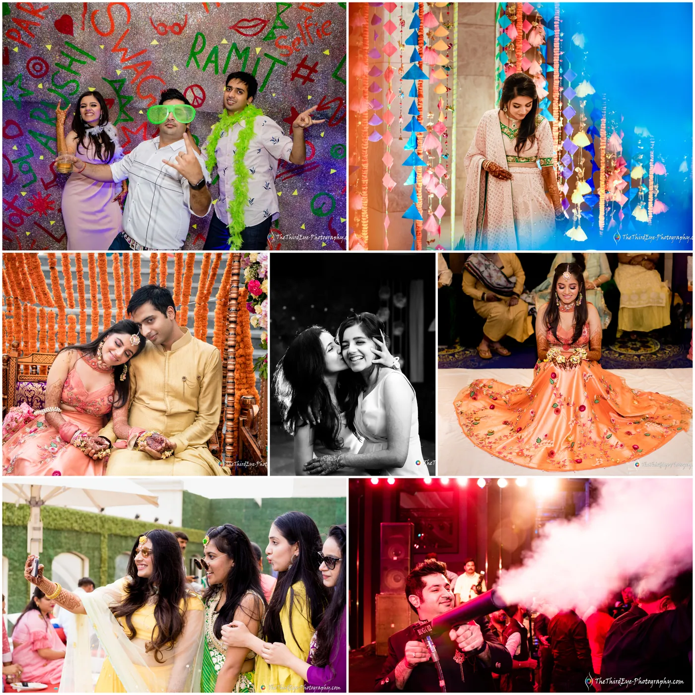 A collage from the first day: the graffiti wall at the welcome party, the haldi, the mehendi and the dance floor