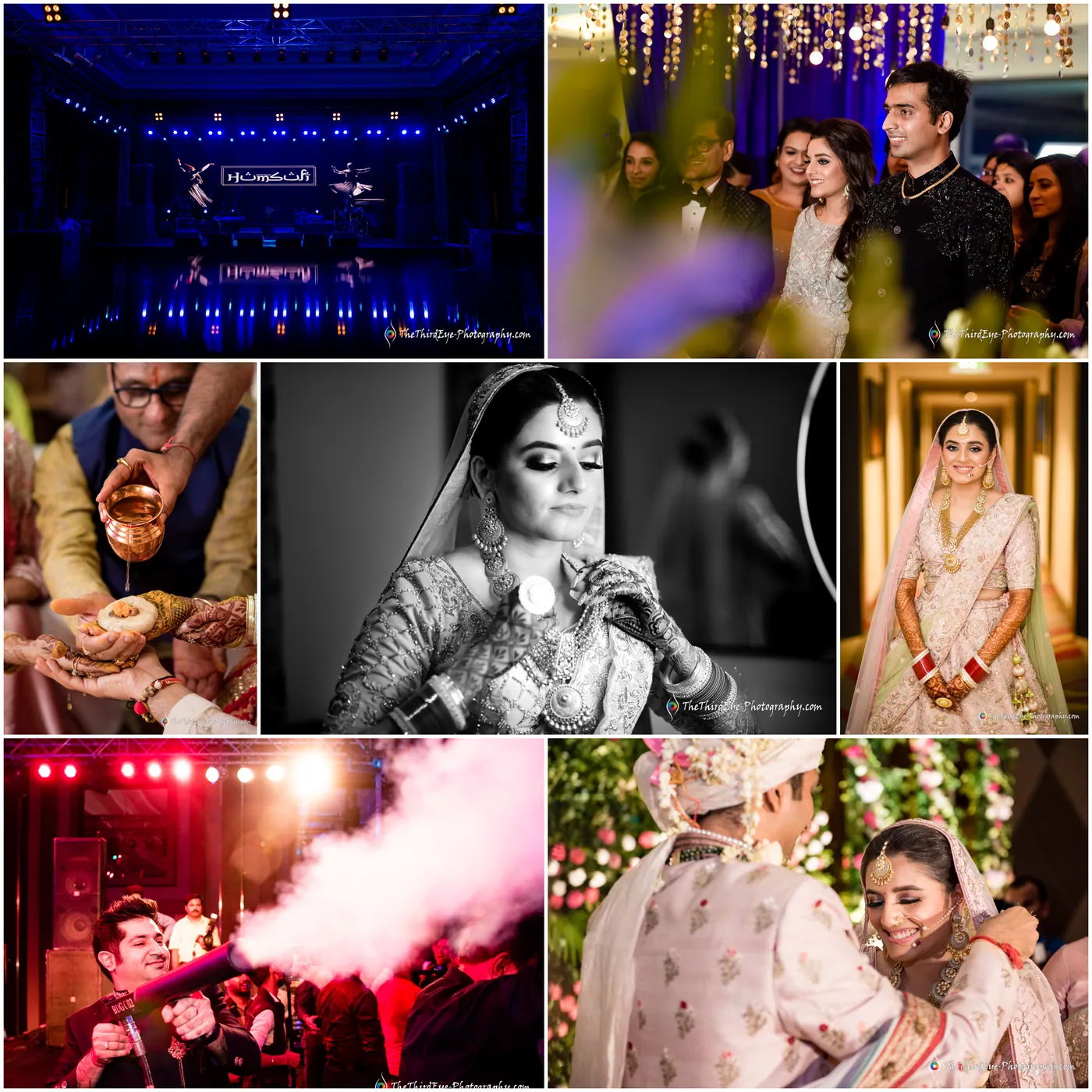A collage from the wedding: the sangeet stage, Ramit and Arushi at the engagement, the bride getting ready and the garland exchange