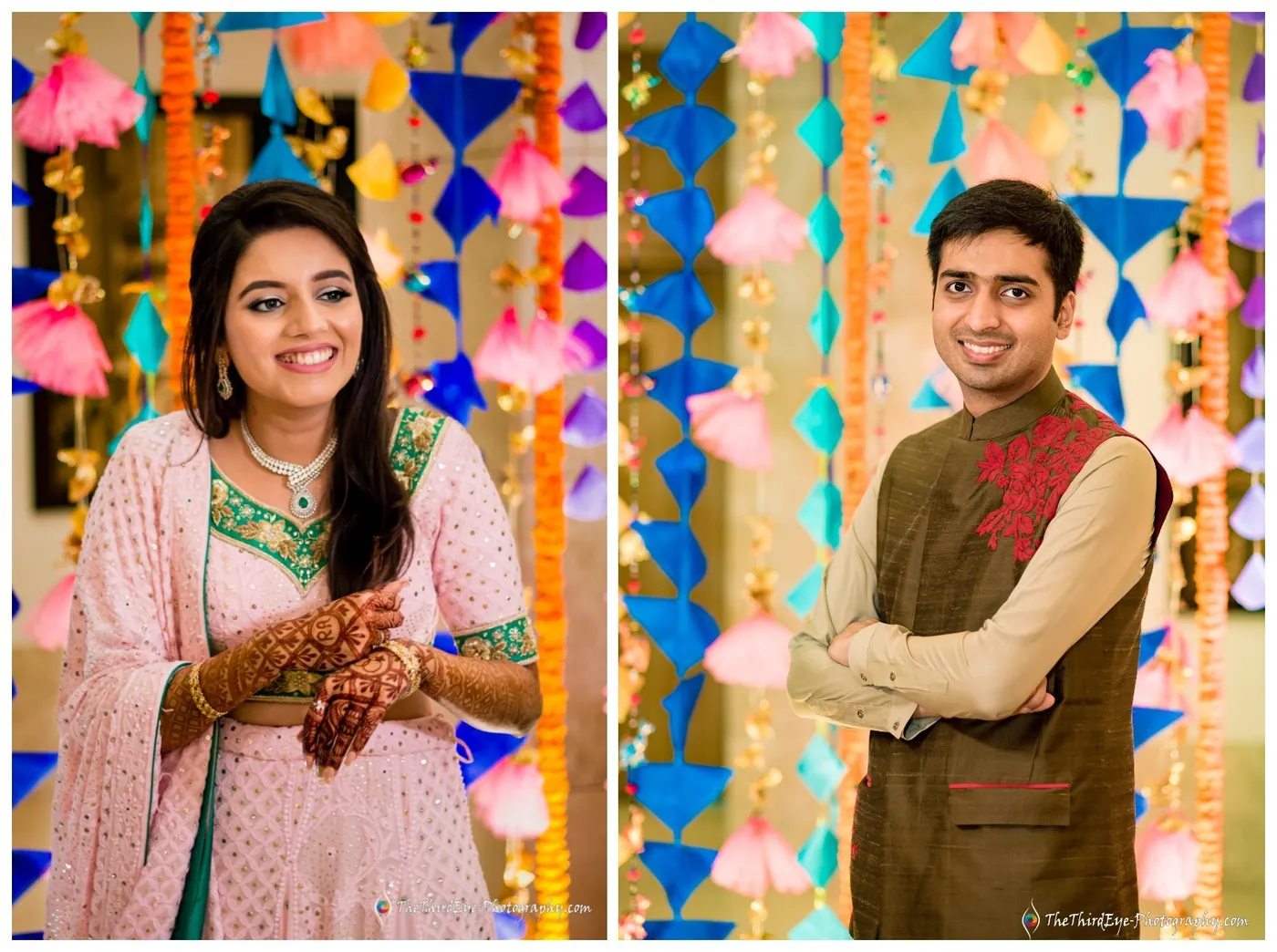 Two frames of Ramit and Arushi among paper kites in pink, orange and blue, her hands folded, his arms crossed
