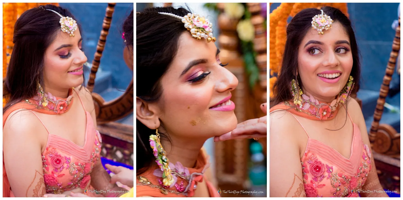 Three close frames of the bride smiling as her makeup and gold choker are finished